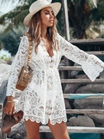 Robe de plage en dentelle pour femme, col en V, manches longues cloche, crochet, style bohème, paréo de bain