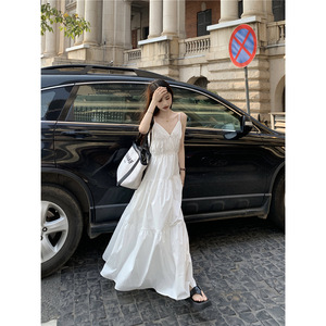 <b>White</b> V Neck <b>Maxi</b> Dress Natural Waist Splicing Simple Style Beach Vacation Cover Up - Product Image 4