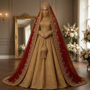 Robe de mariée en soie brodée dorée, style princesse, col montant, manches longues, longueur ras du sol, traîne cathédrale, style classique, soutien-gorge intégré - Product Image 3