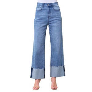Nouvel Arrivage – Jean Droit Structuré Coupe Boyfriend avec Logo Personnalisé, Lavage Clair, Revers et Tissu Extensible - Product Image 1