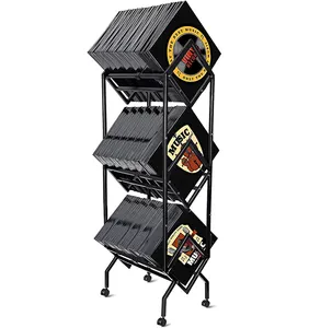 JH-Mech Record LP Storage Shelf With Casters 300LP Storage Metal 3-Tier Mobile Vinyl Record Storage Rack