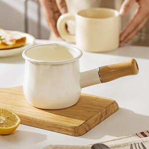 Mini-casserole en émail écologique <span class=keywords><strong>de</strong></span> 10 cm, 750 ml, chauffe-beurre, antiadhésive <span class=keywords><strong>de</strong></span> haute qualité, avec poignée en bois - Product Image 1