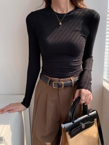 <span class=keywords><strong>Maglietta</strong></span> <span class=keywords><strong>nera</strong></span> americana a girocollo stretta a maniche lunghe a Base da donna a vita alta Top corto sottile con camicia di Base autunno e inverno - Product Image 5