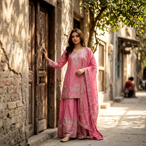 Ensemble Salwar Kameez en satin de soie brodé rose pour femmes, tenue ethnique indienne pakistanaise, robe de fête de mariage avec dupatta, séchage rapide - Product Image 1