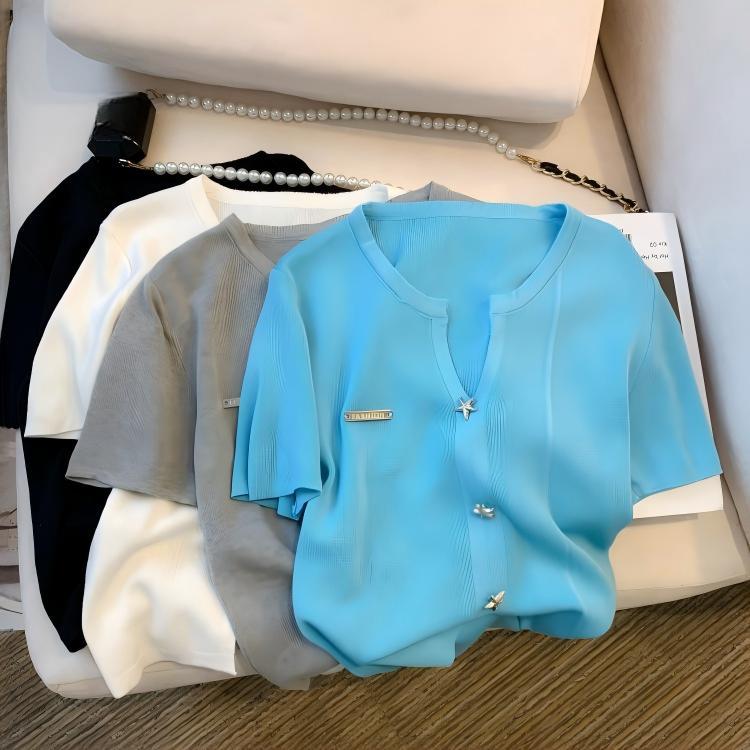 Annshine <strong>Fashion</strong> <strong>2026</strong> Summer New Stylish <strong>V</strong>-<strong>Neck</strong> Half-Placket Short Tee Ice Silk Knit Top