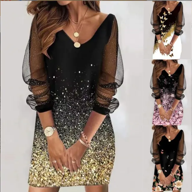 2023 Großhandel Frühling New High Quality Mesh Durchsichtiges Kleid Print Black Sequin Shiny Damen kleid