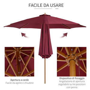 Outsunny Parasol de jardin 3x2.5 avec poteau en bois et 8 côtes et couverture en polyester rouge foncé - Product Image 5