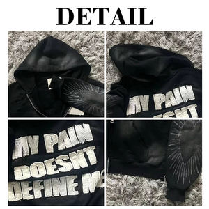 KINGSEN OEM Sweat à capuche zippé pour homme en molleton bouclette 100% coton de haute qualité, délavé à l'acide, brodé, patchwork, hiver, effet stonewashed, style Hip Hop - Product Image 6