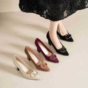 <b>Black</b> <b>Suede</b> <b>Pumps</b> Pointed Toe Block Heel Metal Buckle Office Shoes High Heel Breathable Women's Footwear - Product Image 3
