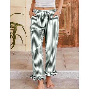 Pantalones de descanso a rayas para mujer, de algodón, con cintura elástica, dobladillo con volantes, cómodos, con cordón, pantalones de pijama, ropa de dormir - Product Image 2