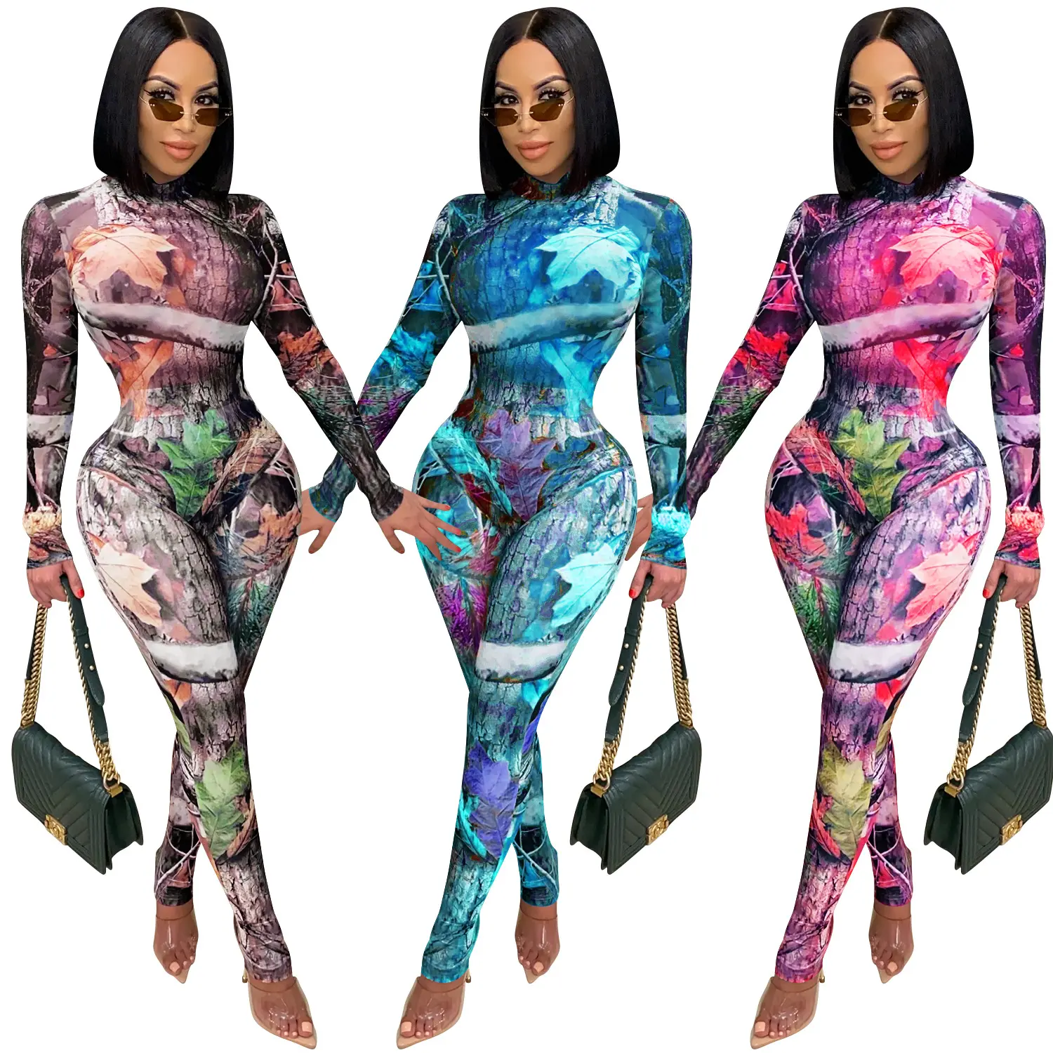 Combinaison à imprimé Floral pour femmes, ensemble 2 pièces, col montant, manches longues, pantalon Slim, en maille transparente, à la mode, nouvelle collection 2021