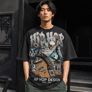 T-shirt Rétro Streetwear Homme Hip Hop Breakdance Squelette Boombox Graphique Coton Lourd Imprimé Mode Vente en Gros - Product Image 4