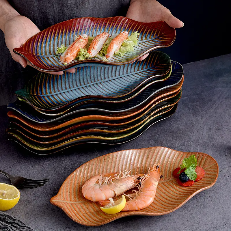Wholesale cheap restaurant hotel tableware unique banana leaf shaped plate ceramic serving tray sushi sashimi plate restaurant