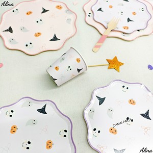 DAMAI Halloween – Vaisselle jetable tendance : Assiettes, gobelets, serviettes en papier personnalisées – Motifs fantômes, citrouilles et crânes mignons pour vos fêtes - Product Image 5