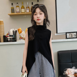 Ensemble 2 pièces tendance pour adolescentes 2026 : Haut asymétrique sans manches noir + Pantalon large à carreaux - Product Image 2