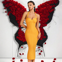 Robe Midi Bandage Halter Dos Nu Corset Soutien-Gorge Rembourré Sans Manches Rayée Taille Haute Élégante Coupe Crayon pour Bal Cocktail Soirée Formelle