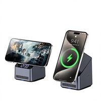 15W 4-in-1 untuk Pengisi Daya Nirkabel dengan Panel Magnetik Berputar Jam Digital Port Tipe-C untuk Ponsel Jam Tangan Earbuds