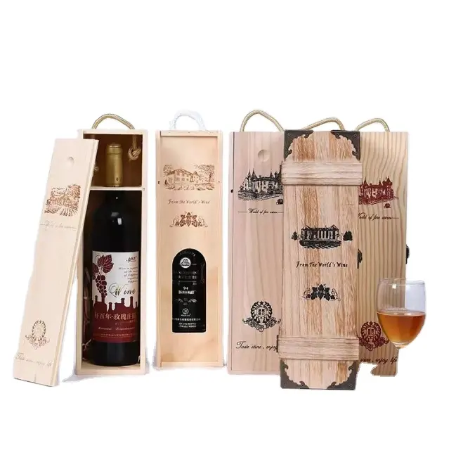 Factory Direct Wine Wooden Box Rustic Paulownia Pine Wood Wine Gift Box Single Carrying Case