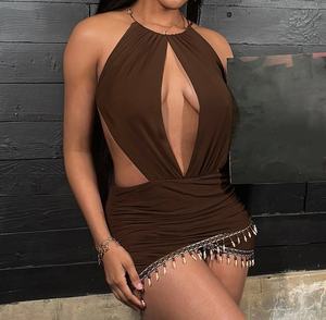 Viviblook D26DS005 Nouvelle Robe Mini Moulante Sexy Sans Manches Dos Nu Halter Évidée pour Femme – Collection Été - Product Image 1