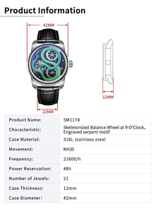 Montre à motif en forme de serpent sculptée sur mesure Montre automatique de luxe en acier inoxydable squelette mécanique serpent vert 3D Fabricants - Product Image 6