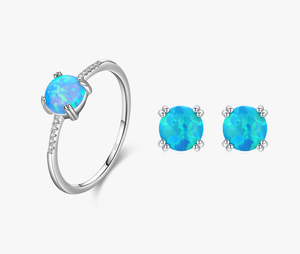 S925 sterling <b>Silver</b> blue Opal <b>Ring</b> and Earring <b>Set</b> Round Claw Setting Classic Women's Jewelry Engagement Fine Jewelry <b>Sets</b> - Product Image 1