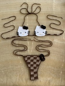 El Yapımı Örgü Pembe Tığ İşi Karikatür Desenli Push Up Bikini Takımı Kadın 2 Parça Mayo Tanga Önü - Product Image 5