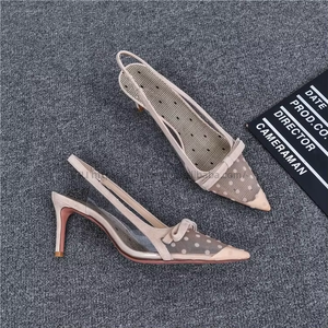 Sandals New Baotou Summer Polka Dot Mesh Fine <b>Pointed</b> High Heels Shallow Mouth Fairy Wind Single Shoes Women - Product Image 1