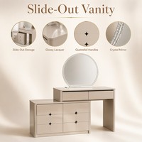 Table de toilette avec miroir et tiroirs, laque brillante beige champagne, miroir à perles de cristal, 8 tiroirs