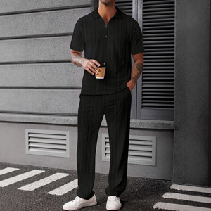 Ensemble deux pièces pour <span class=keywords><strong>homme</strong></span> Lilbetter, <span class=keywords><strong>polo</strong></span> à manches courtes décontracté d'été et pantalon, imprimé numérique uni, 100% polyester - Product Image 1