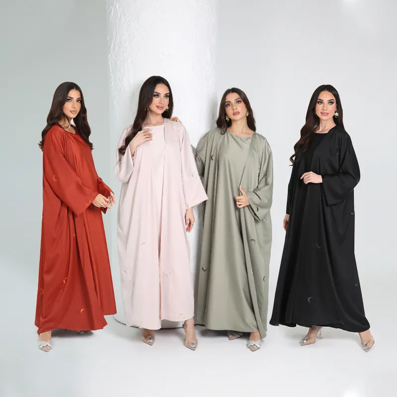 Pakaian Islam 2 potong set bulan bordir abaya kustom bordir terbuka abaya dengan Dalaman Gaun