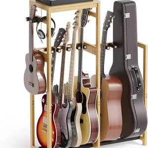 Soporte de guitarra de madera maciza, estante para instrumentos de 3 niveles, para almacenamiento de bajo eléctrico acústico, ukelele, con gancho para auriculares - Product Image 5