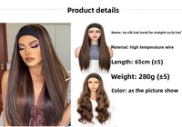 Perruque bandeau pour femme en fibre synthétique haute température, sans dentelle, avec foulard intégré, cheveux noirs longs raides et bouclés à grandes ondulations naturelles