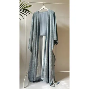 Thiết Kế Mới Đầy Sao Đêm Bé Màu Xanh Mở Kaftan Abaya Dresses Tùy Chỉnh Kaftan Phía Trước Mở Abaya Cho Eid