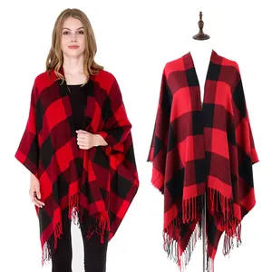 新款女性热卖经典格子设计冬季红色水牛斗篷披肩