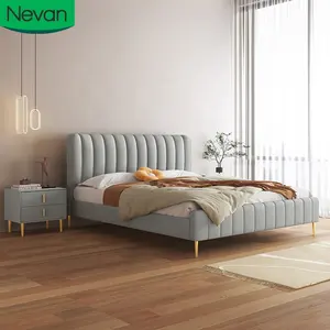 Set furnitur kamar tidur, tempat tidur kayu modern putih, kain kulit ukuran king dengan kotak penyimpanan