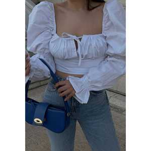 Débardeur court blanc respirant en popeline avec col à nœud, décorations en dentelle et plumes, taille XS, vêtement décontracté sexy en crochet avec boutons - Product Image 3