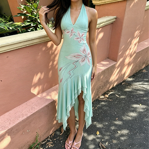 Nuevo Vestido de Verano Ecológico Estilo Vacaciones en la Playa para Mujer, Cuello en V, Cintura Natural, Romántico, Floral, Espalda Descubierta, Largo hasta la Rodilla - Product Image 3