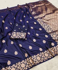 Sari en soie Banarasi moderne avec blouse non cousue, pour fêtes et occasions spéciales, toutes saisons, prix de gros, vêtement ethnique, bleu - Product Image 1