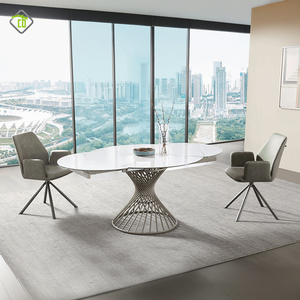 Jambes noires en acier au carbone Jambes noires Base dorée <span class=keywords><strong>Table</strong></span> à manger à <span class=keywords><strong>rallonge</strong></span> rotative <span class=keywords><strong>ronde</strong></span> pour 8 sièges Tables <span class=keywords><strong>de</strong></span> maison modernes - Product Image 1