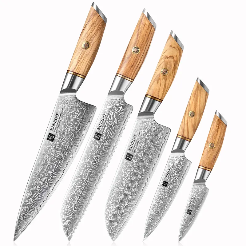 XINZUO 5PCS New Design Luxury Japanese Damascus Steel 73 Layers Kitchen Chef Knife Set with Olive Wood Handle