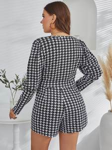 Ensemble 2 pièces col rond imprimé <span class=keywords><strong>pied</strong></span>-<span class=keywords><strong>de</strong></span>-<span class=keywords><strong>poule</strong></span> pour femmes-Top ceinturé à manches longues Mini Shorts Sets Plus-Size Women Clothes - Product Image 3