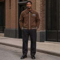 Blouson Bomber Homme Hiver Marron Côtelé Brodé sur le Devant avec Capuche, Veste de Travail Zippée, Poches Poitrine Utilitaires, Manches Longues Décontracté
