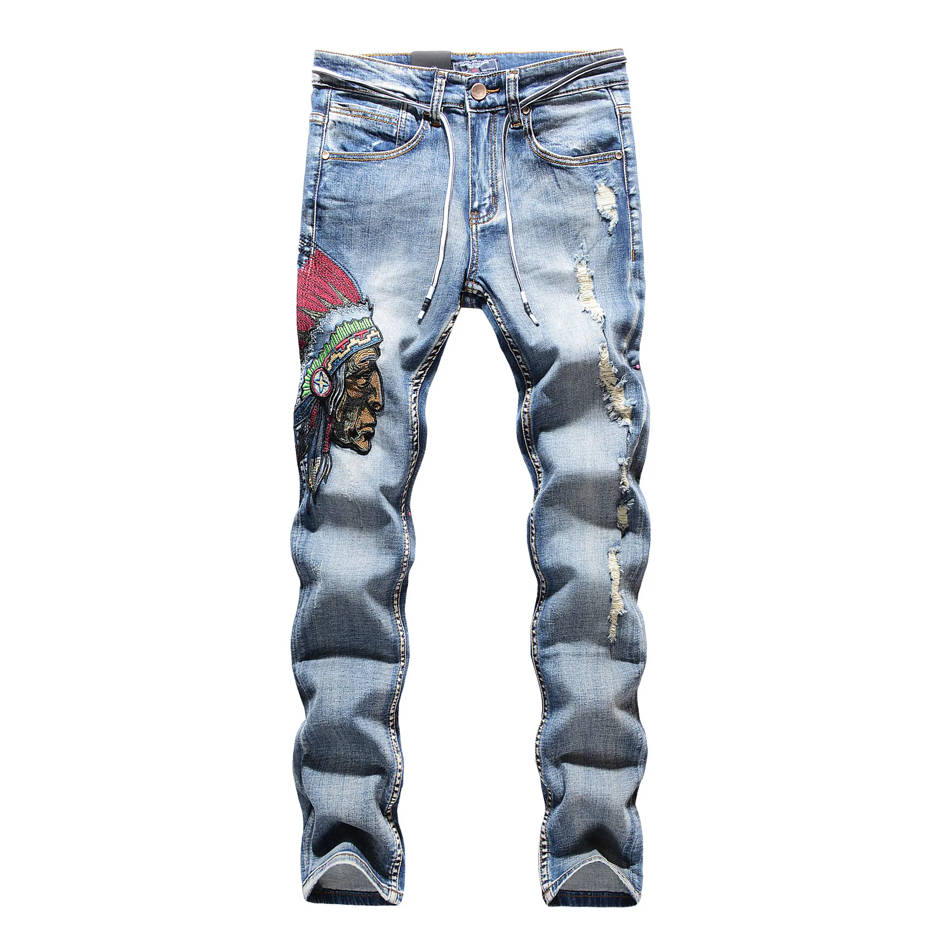 Wholesale Men Jeans Pant Street Style Men's Printed Denim Slim Straight Zipper Plus Size Men's Jeans