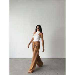 Pantalon palazzo à jambes larges, taille haute, en tissu crêpe, anti-rides, beige, pour femmes - Product Image 6