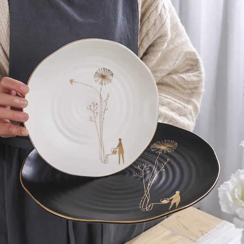 Livingware Dinnerware Gold Rim Black White Ceramic Kitchen Ware Sets Porcelain Tableware Ceramic Dishes