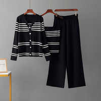 Ensemble trois pièces tricoté décontracté et ample pour femme, style coréen, col en V, taille haute amincissante, collection automne