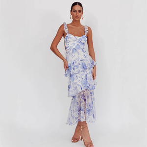 Vestido de Cóctel para Mujer, Estampado Floral, Cintura Imperio, Cuello Cuadrado, Vestido Midi Plisado de Varias Capas, Transpirable, a la Moda, para Primavera - Product Image 4