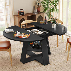 Modern Extendable Round to Oval Dining <b>Table</b> Set with Hidden Storage and Upholstered Chairs <b>Solid</b> <b>Wood</b> Assembled - Product Image 2