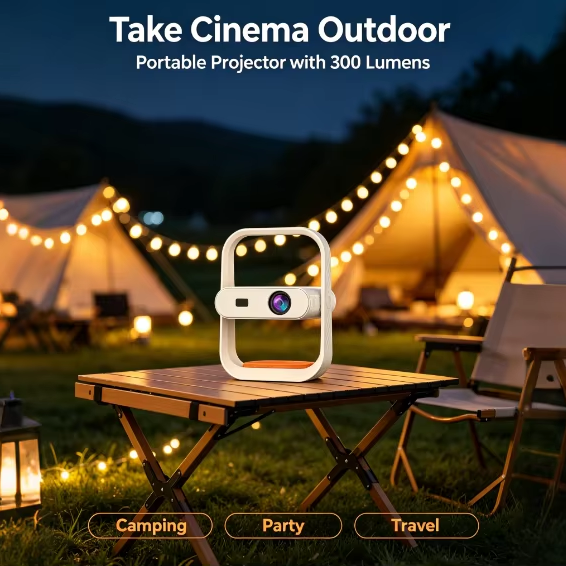 Portable Outdoor Projector HY370 300ANSI Lumens 720P Android 14 Electric Focus Built-in Speaker Mini LED Cinema Camping Movie