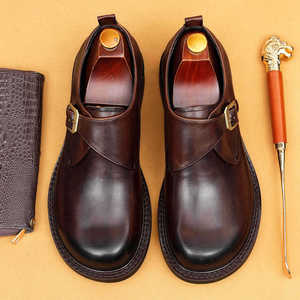 Chaussures habillées pour hommes en cuir véritable noir, à boucle, bout rond, semelle extérieure en caoutchouc antidérapante, toutes saisons - Product Image 4